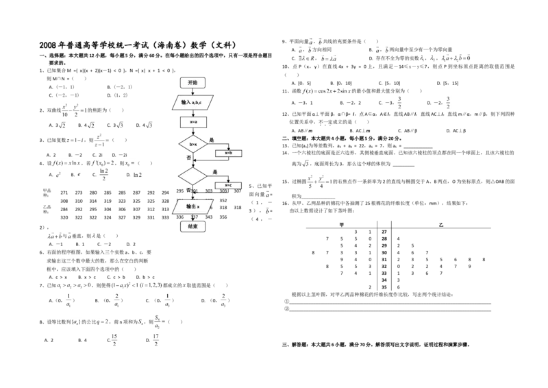 2008年海南省高考数学试题及答案（文科）_全国卷+地方卷_2.数学_1.数学高考真题试卷_2008-2020年_地方卷_海南高考数学08-22_A3word版_答案版