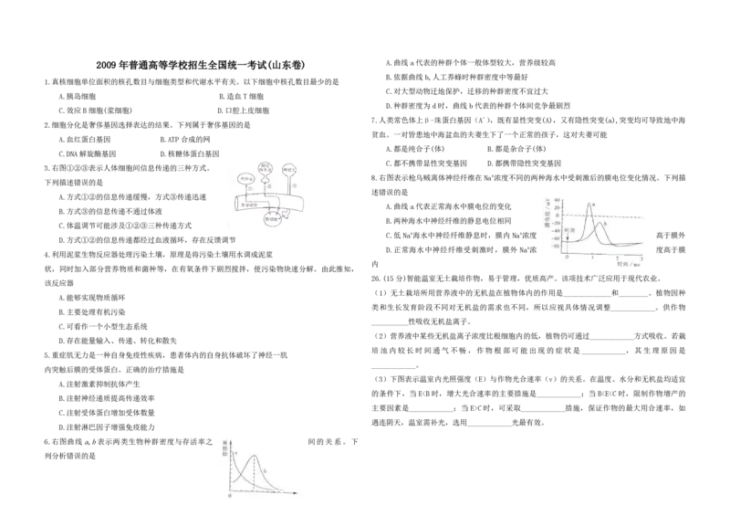2009年高考真题生物（山东卷）（解析版）_全国卷+地方卷_6.生物_1.生物高考真题试卷_2008-2020年_地方卷_山东高考生物08-21_山东高考生物_A3版_pdf版