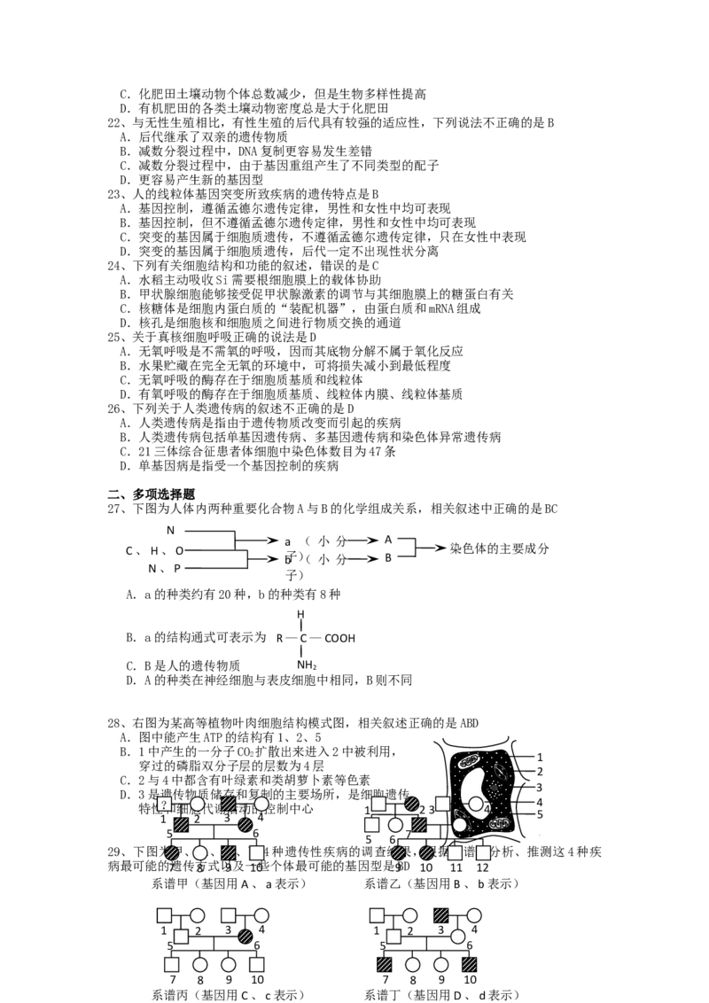 2006年江苏高考生物真题及答案_全国卷+地方卷_6.生物_1.生物高考真题试卷_1990-2007年各地高考历年真题_江苏