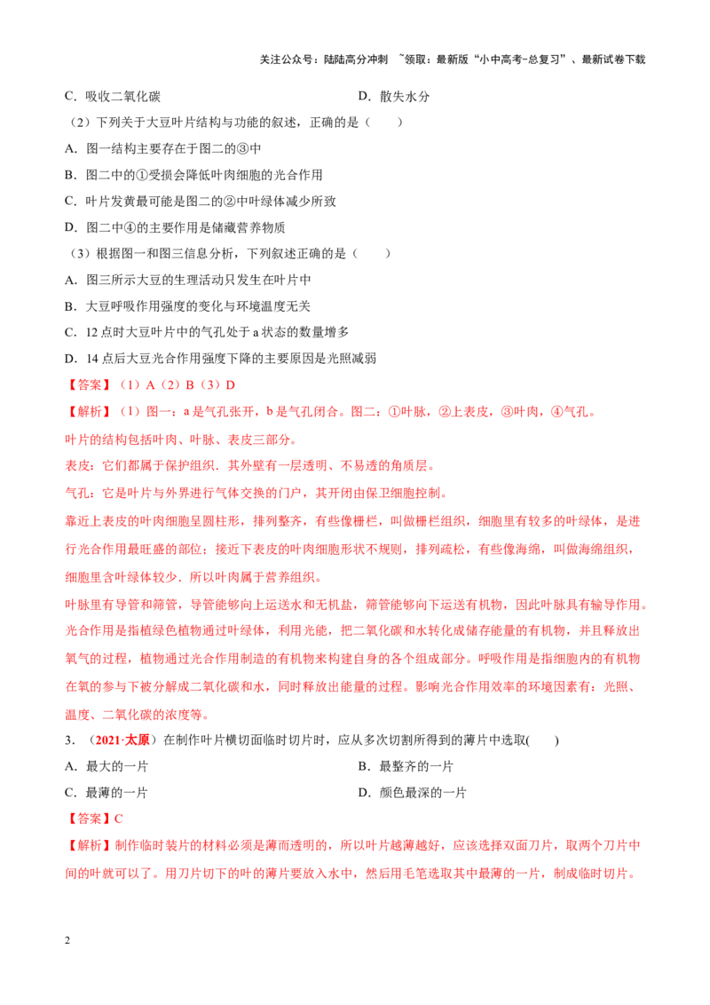 专题04&nbsp;绿色植物的蒸腾作用、光合作用和呼吸作用（解析版）_02中考总复习（2026版更新中）_08-生物-中考总复习_2024年中考复习资料_专项复习_答案解析版