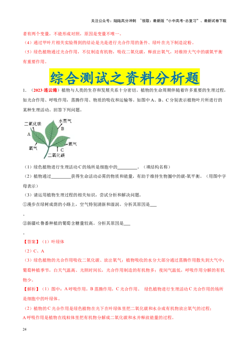 专题04&nbsp;绿色植物的蒸腾作用、光合作用和呼吸作用（解析版）_02中考总复习（2026版更新中）_08-生物-中考总复习_2024年中考复习资料_专项复习_答案解析版