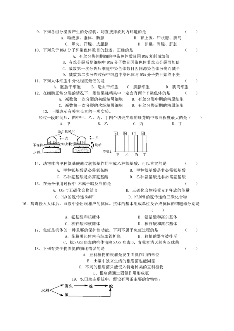 2004年江苏高考生物真题及答案_全国卷+地方卷_6.生物_1.生物高考真题试卷_1990-2007年各地高考历年真题_江苏