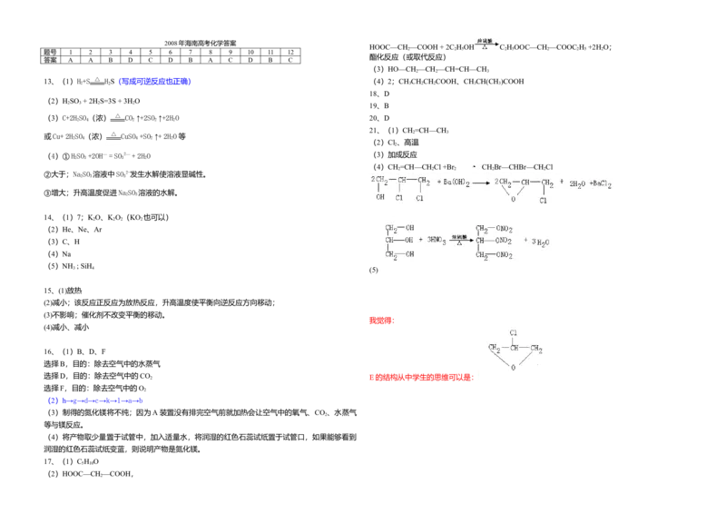 2008年海南高考化学试题及答案_全国卷+地方卷_5.化学_1.化学高考真题试卷_2008-2020年_地方卷_海南高考化学2008-2020_A3word版_答案版