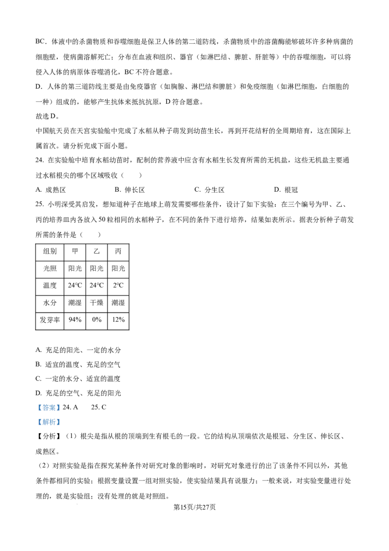 精品解析：2024年江苏省宿迁市中考生物真题（解析版）_江苏省中考_01江苏省13市中考历年真题2008-2025新_、中考全套_江苏省中考历年真题_江苏中考生物(2010年-2024年）