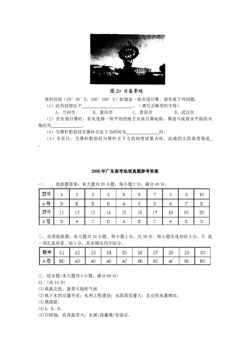 2006年广东高考地理真题及答案_全国卷+地方卷_8.地理_1.地理高考真题试卷_1990-2007年各地高考历年真题_广东