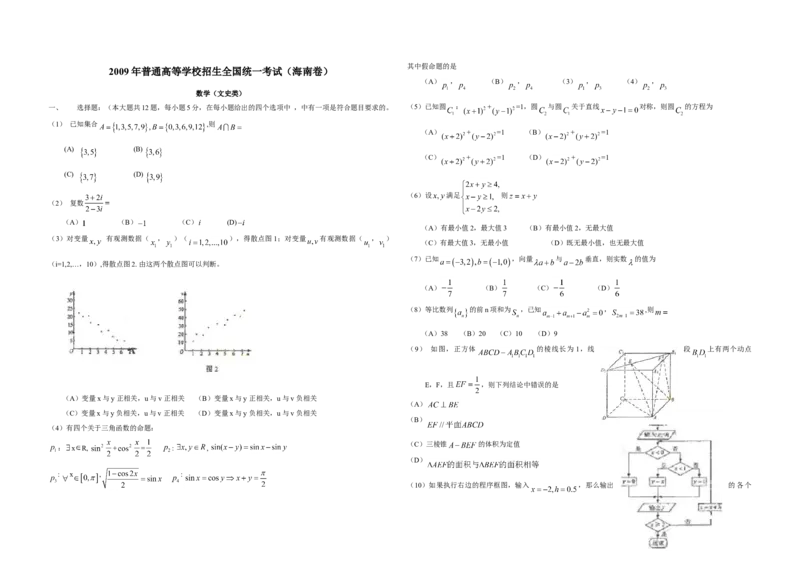 2009年海南省高考数学试题及答案（文科）_全国卷+地方卷_2.数学_1.数学高考真题试卷_2008-2020年_地方卷_海南高考数学08-22_A3word版_答案版