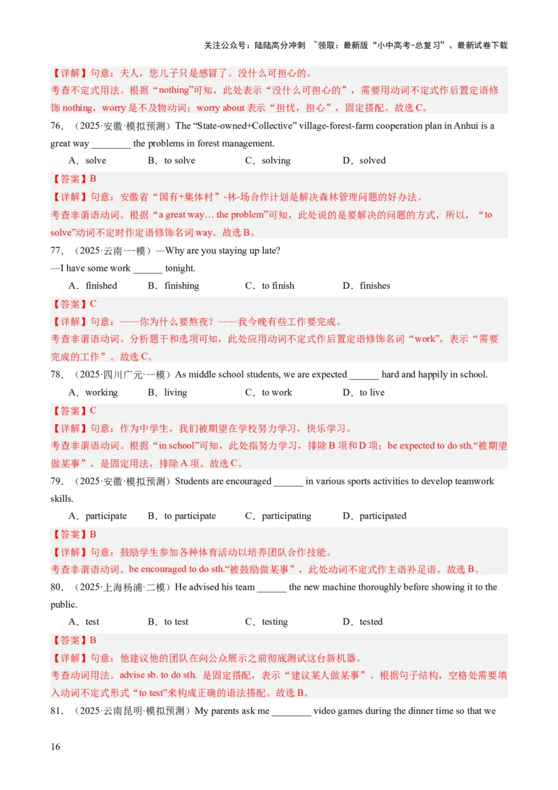 专题02动词辨析、动词短语和非谓语动词（语法综合闯关）（解析版）_02中考总复习（2026版更新中）_03-英语-中考总复习_2025中考复习资料_2025中考二轮课件ppt+讲义+练习英语_测试