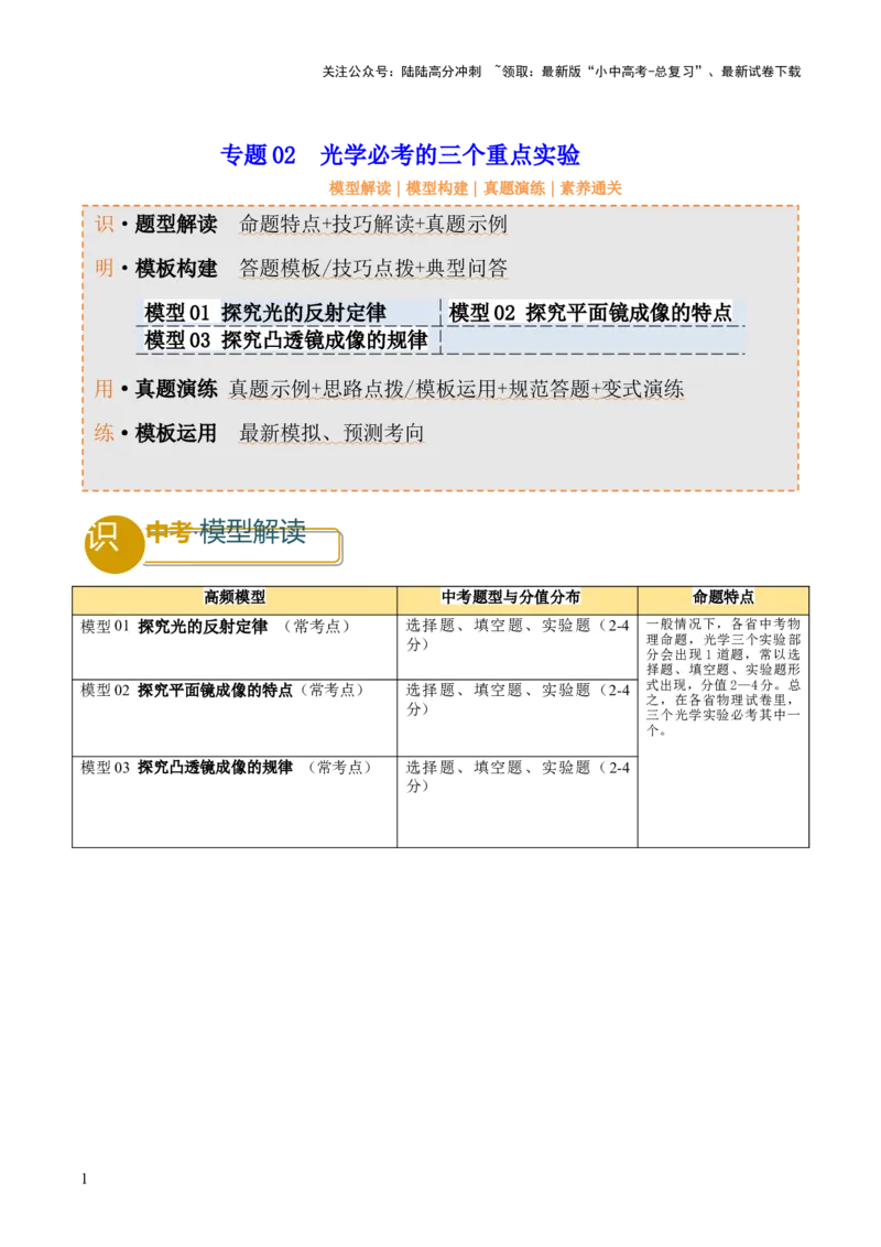 专题02光学必考的三个重点实验（原卷版）_02中考总复习（2026版更新中）_04-物理-中考总复习_2025年中考复习资料_2025年中考物理答题方法模板
