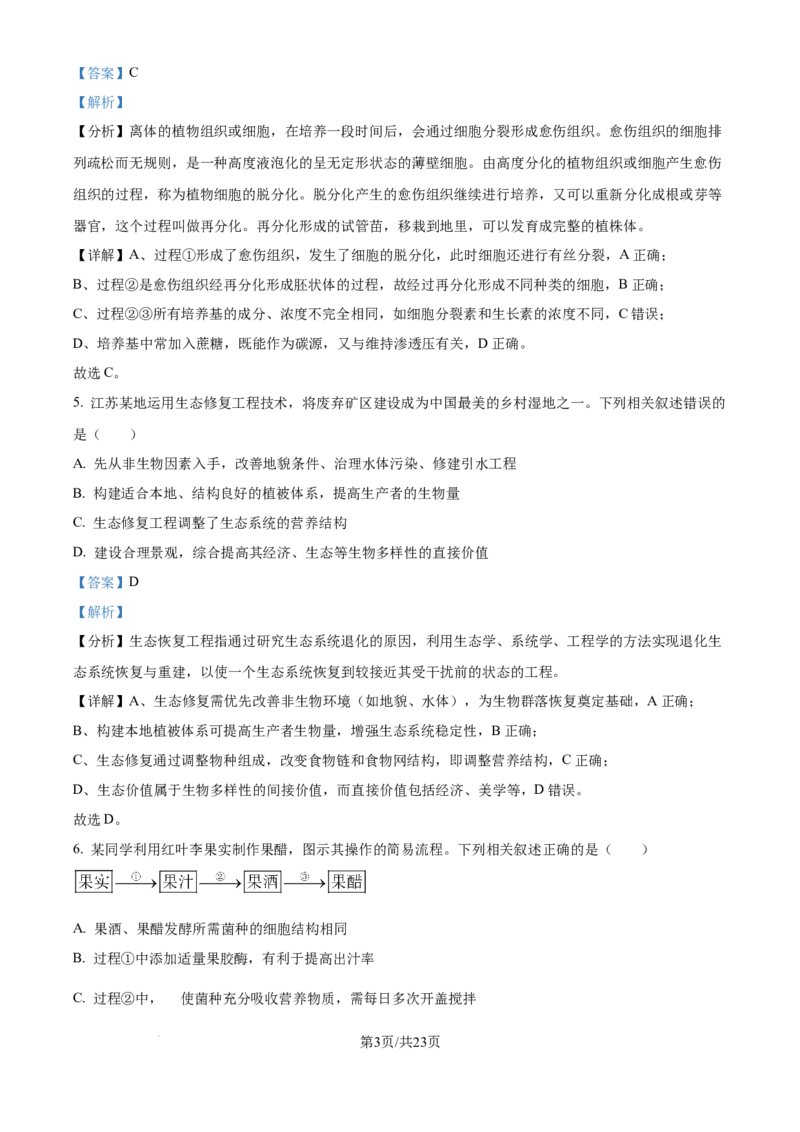 2025年江苏高考生物真题试卷（解析版）_2025全国各省高考真题+答案_6、江苏卷（物理、历史、化学、地理、政治、生物）_参考版本2