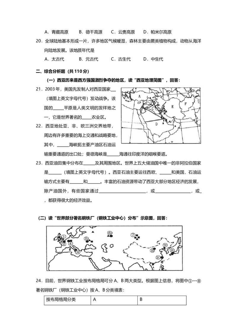 2003年上海市高中毕业统一学业考试地理试卷（原卷版）_全国卷+地方卷_8.地理_1.地理高考真题试卷_2008-2020年_地方卷_上海高考地理真题03,05-20