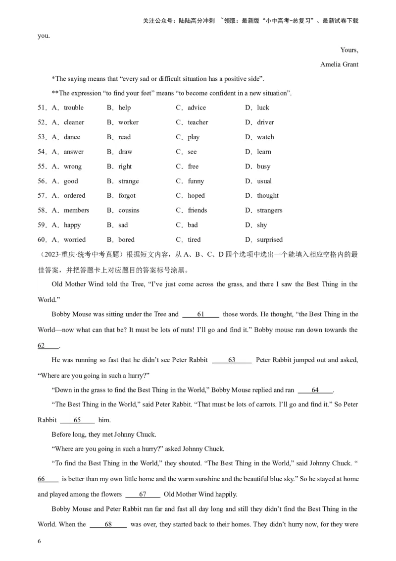 专题03完形填空（10空题）-5年（2019-2023）中考1年模拟英语真题分项汇编（全国通用）（原卷版）_02中考总复习（2026版更新中）_03-英语-中考总复习_2024年中考复习资料_专项复习资料
