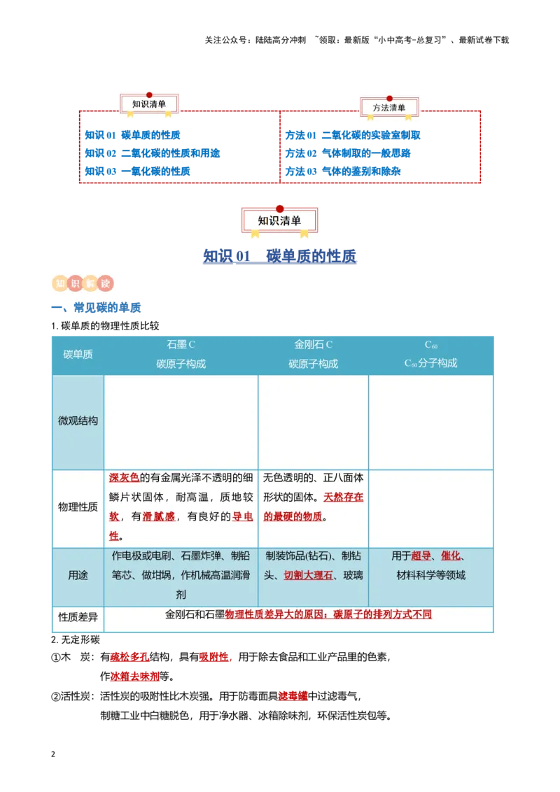 专题03碳和碳的氧化物（解析版）_02中考总复习（2026版更新中）_05-化学-中考总复习_2024年中考复习资料_一轮复习资料_完口袋书2024年中考化学一轮复习知识清单