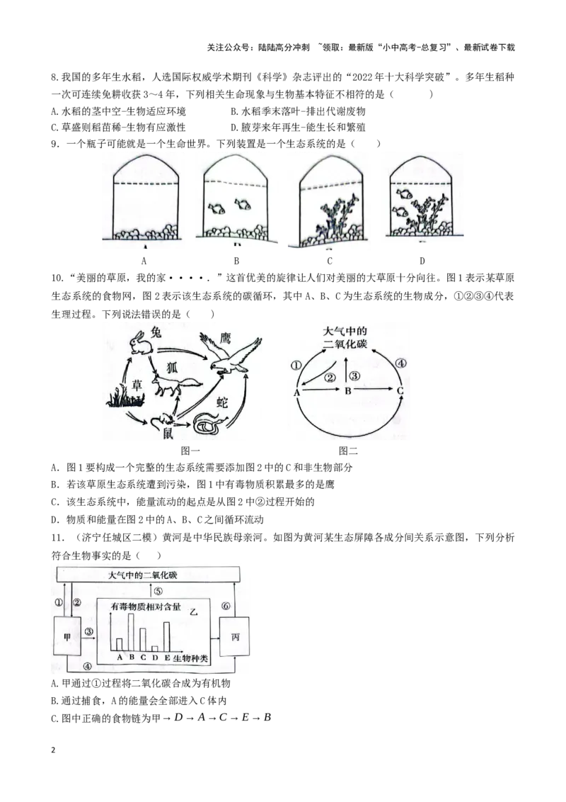 专题02生态系统和生物圈（原卷版）_02中考总复习（2026版更新中）_08-生物-中考总复习_2024年中考复习资料_一轮复习_配套练习
