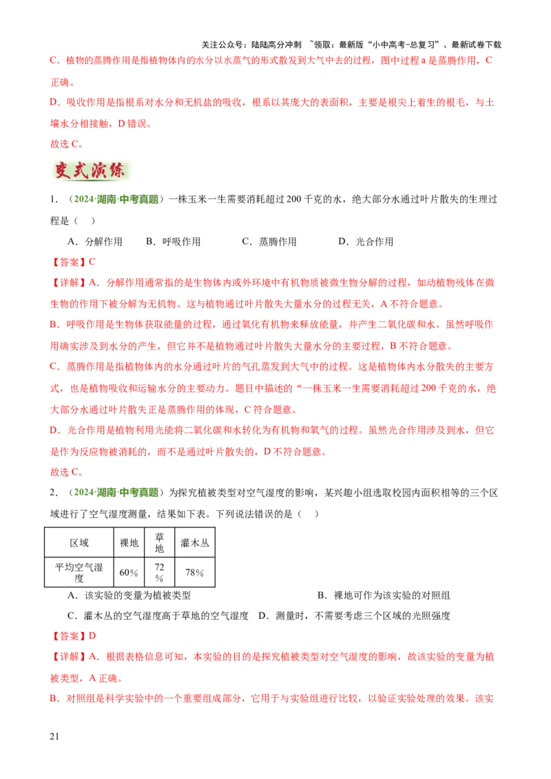 专题03植物的生活（3大模板）（解析版）_02中考总复习（2026版更新中）_08-生物-中考总复习_2025中考复习资料_2025年中考生物答题方法模板