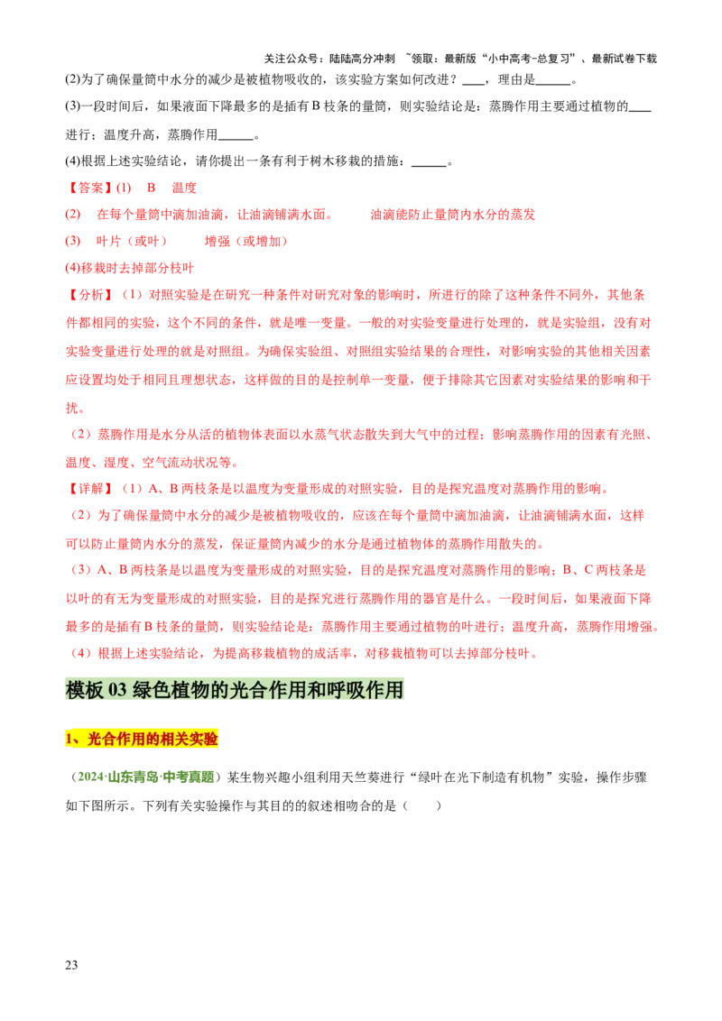 专题03植物的生活（3大模板）（解析版）_02中考总复习（2026版更新中）_08-生物-中考总复习_2025中考复习资料_2025年中考生物答题方法模板