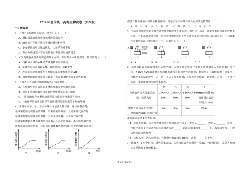 2014年全国统一高考生物试卷（大纲版）（解析版）_全国卷+地方卷_6.生物_1.生物高考真题试卷_2008-2020年_全国卷_全国统一高考生物（新课标ⅰ）08-21_A3word版_PDF版（赠送）