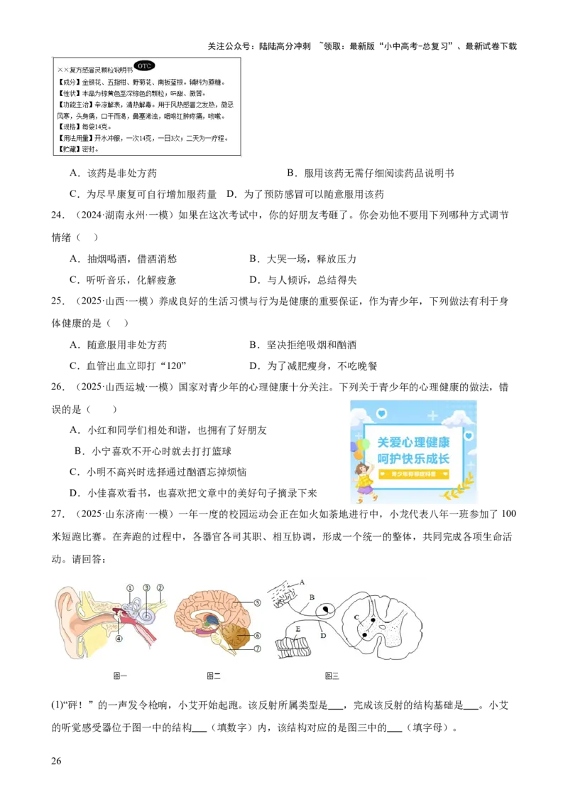 专题05人体生理与健康（二）（3大答题模板）（原卷版）_02中考总复习（2026版更新中）_08-生物-中考总复习_2025中考复习资料_2025年中考生物答题方法模板