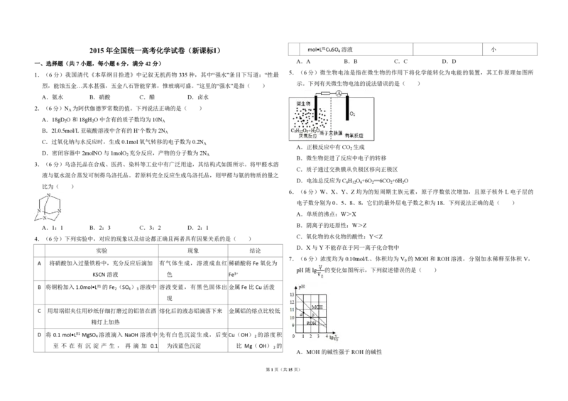 2015年全国统一高考化学试卷（新课标Ⅰ）（解析版）_全国卷+地方卷_5.化学_1.化学高考真题试卷_2008-2020年_全国卷_全国统一高考化学（新课标ⅰ）2008-2021_A3word版_PDF版（赠送）