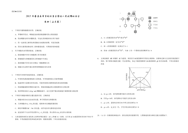 2015年高考真题生物（山东卷）（解析版）_全国卷+地方卷_6.生物_1.生物高考真题试卷_2008-2020年_地方卷_山东高考生物08-21_山东高考生物_A3版_pdf版