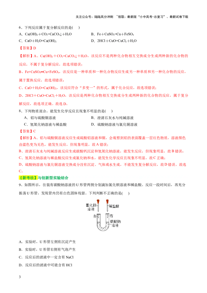 专题08盐化肥（测试）-2024年中考化学一轮复习讲练测（全国通用）（解析版）_02中考总复习（2026版更新中）_05-化学-中考总复习_2024年中考复习资料_一轮复习资料