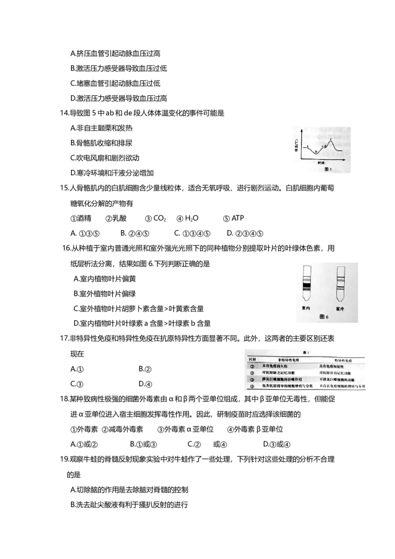 2016年上海市高中毕业统一学业考试生物试卷（原卷版）_全国卷+地方卷_6.生物_1.生物高考真题试卷_2008-2020年_地方卷_上海高考生物真题01-20