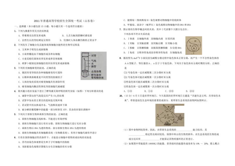 2011年高考真题生物（山东卷）（原卷版）_全国卷+地方卷_6.生物_1.生物高考真题试卷_2008-2020年_地方卷_山东高考生物08-21_山东高考生物_A3版_pdf版