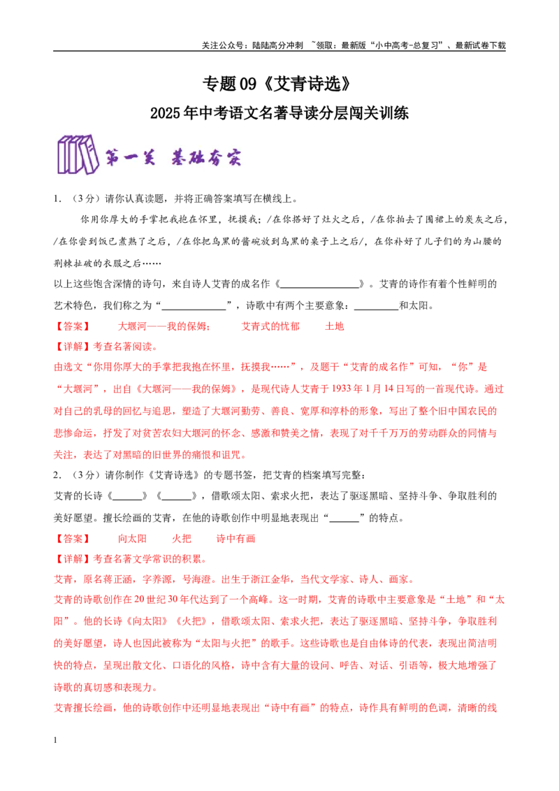 专题09《艾青诗选》-2025年中考语文名著导读分层闯关训练（解析版）_02中考总复习（2026版更新中）_01-语文-中考总复习_2025年中考资料_2025年中考语文名著导读分层闯关训练