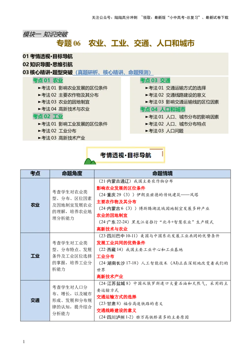 专题06农业、工业、交通、人口和城市（讲练）（解析版）_02中考总复习（2026版更新中）_09-地理-中考总复习_2025中考地理复习资料_2025中考二轮课件ppt+讲义+练习地理_讲义+练习