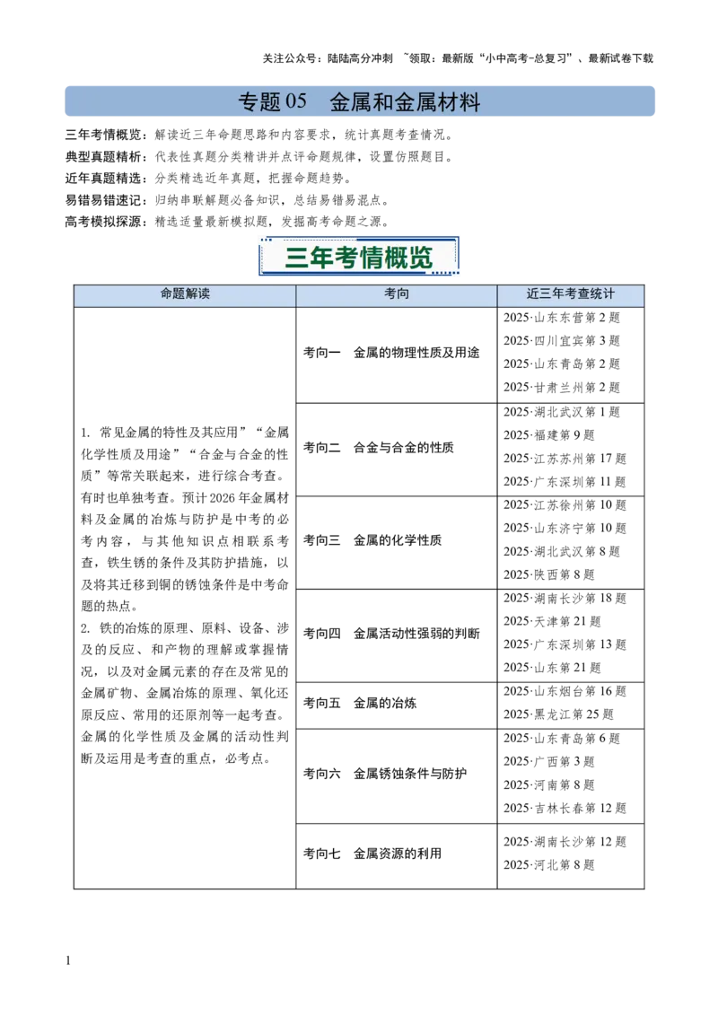 专题05金属和金属材料（原卷版）_02中考总复习（2026版更新中）_05-化学-中考总复习_2026年中考复习（更新中）_备战2026年中考化学真题题源解密