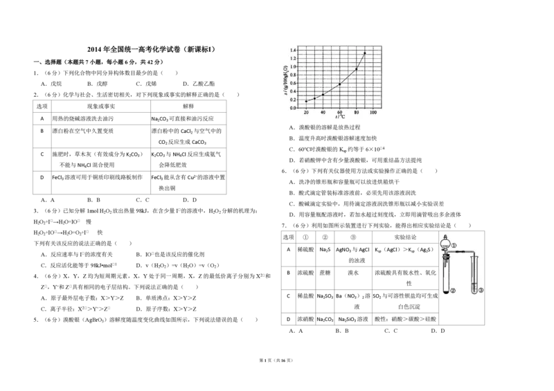 2014年全国统一高考化学试卷（新课标Ⅰ）（解析版）_全国卷+地方卷_5.化学_1.化学高考真题试卷_2008-2020年_全国卷_全国统一高考化学（新课标ⅰ）2008-2021_A3word版_PDF版（赠送）