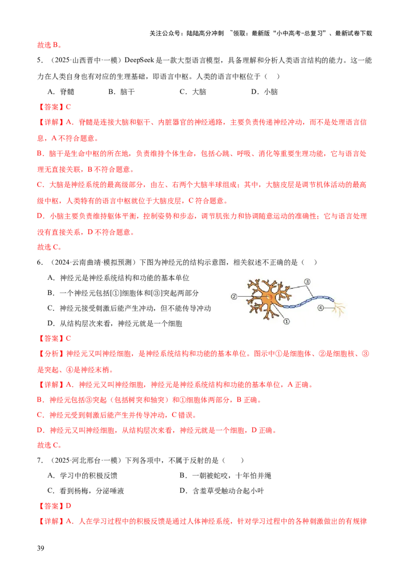 专题05人体生理与健康（二）（3大答题模板）（解析版）_02中考总复习（2026版更新中）_08-生物-中考总复习_2025中考复习资料_2025年中考生物答题方法模板