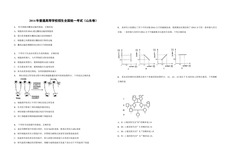 2014年高考真题生物（山东卷）（原卷版）_全国卷+地方卷_6.生物_1.生物高考真题试卷_2008-2020年_地方卷_山东高考生物08-21_山东高考生物_A3版