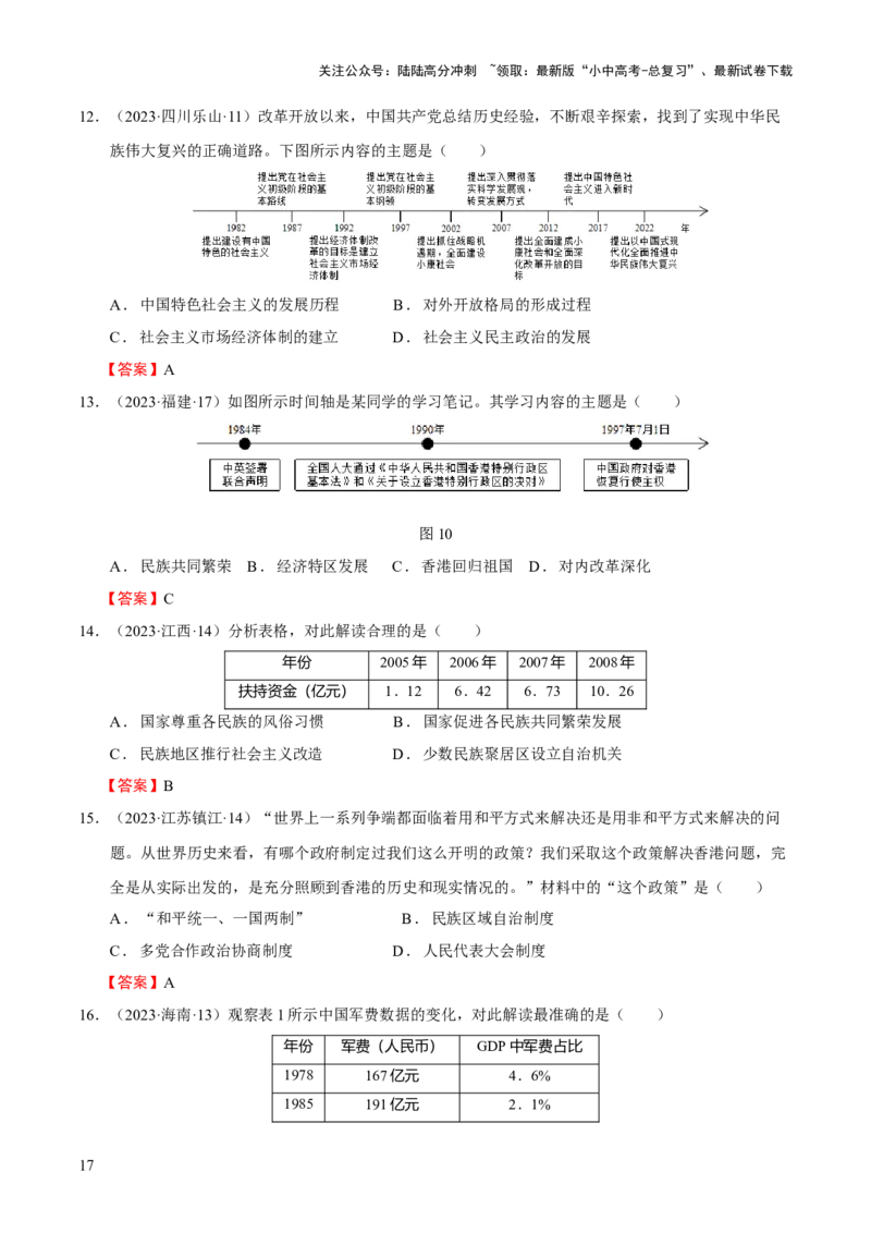 专题09+中现02：改革开放后中国特色社会主义道路建设-大单元复习学案2024年中考历史一轮复习必考知识梳理与考法点拨（部编版）_02中考总复习（2026版更新中）_06-历史-中考总复习
