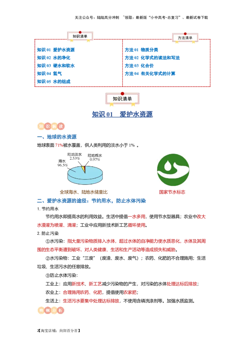 专题04水（解析版）_02中考总复习（2026版更新中）_05-化学-中考总复习_2024年中考复习资料_一轮复习资料_完口袋书2024年中考化学一轮复习知识清单_教师版（含答案解析）