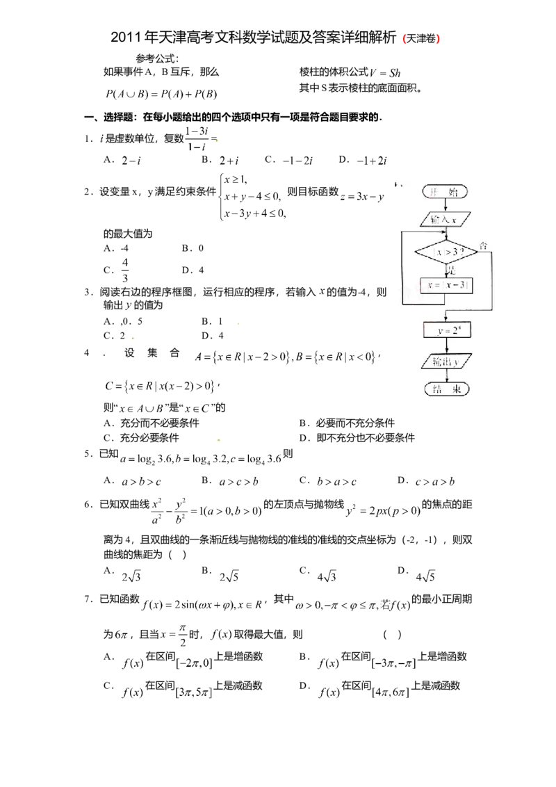 2011年天津高考文科数学试题及答案（Word版）_全国卷+地方卷_2.数学_1.数学高考真题试卷_2008-2020年_地方卷_地方卷高考文科数学_天津文科数学08-19