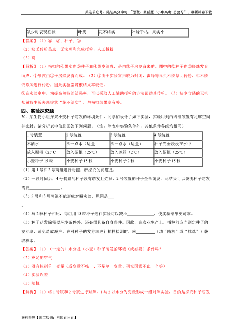 专题05被子植物的一生（习题精练）（解析版）_02中考总复习（2026版更新中）_08-生物-中考总复习_2024年中考复习资料_一轮复习_省心备考2024年中考生物一轮复习精讲精练（全国通用）