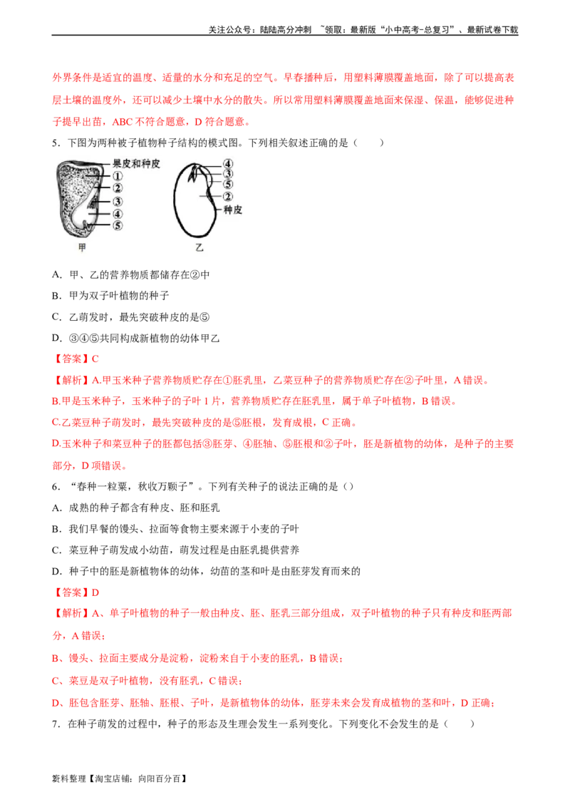 专题05被子植物的一生（习题精练）（解析版）_02中考总复习（2026版更新中）_08-生物-中考总复习_2024年中考复习资料_一轮复习_省心备考2024年中考生物一轮复习精讲精练（全国通用）
