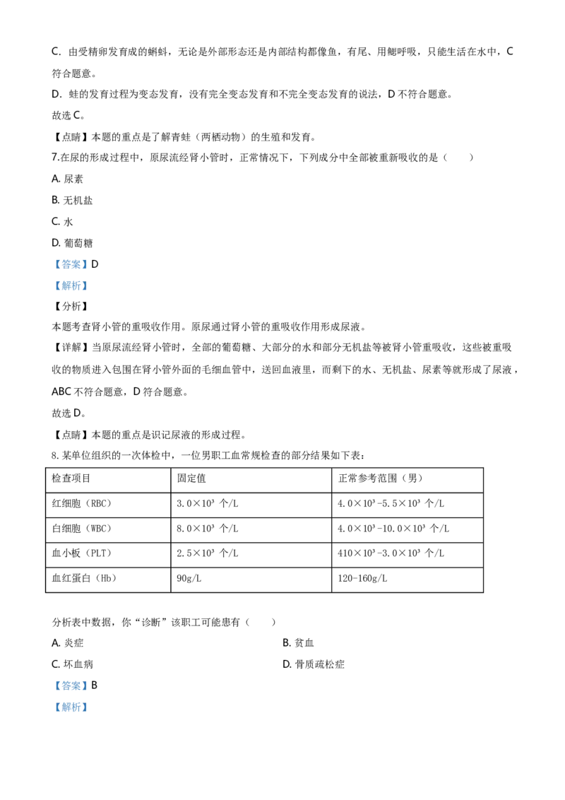 2020年山西省晋中市中考生物真题（解析卷）_❤山西历年中考真题_8.山西中考生物2018-2025