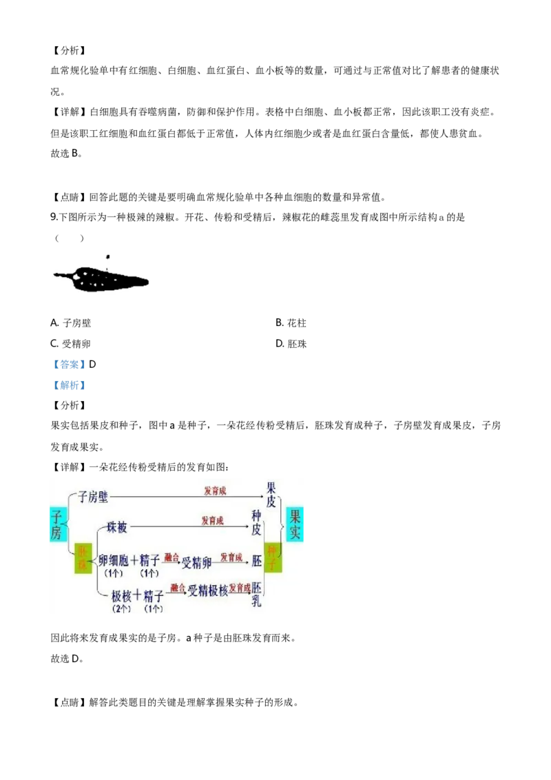 2020年山西省晋中市中考生物真题（解析卷）_❤山西历年中考真题_8.山西中考生物2018-2025