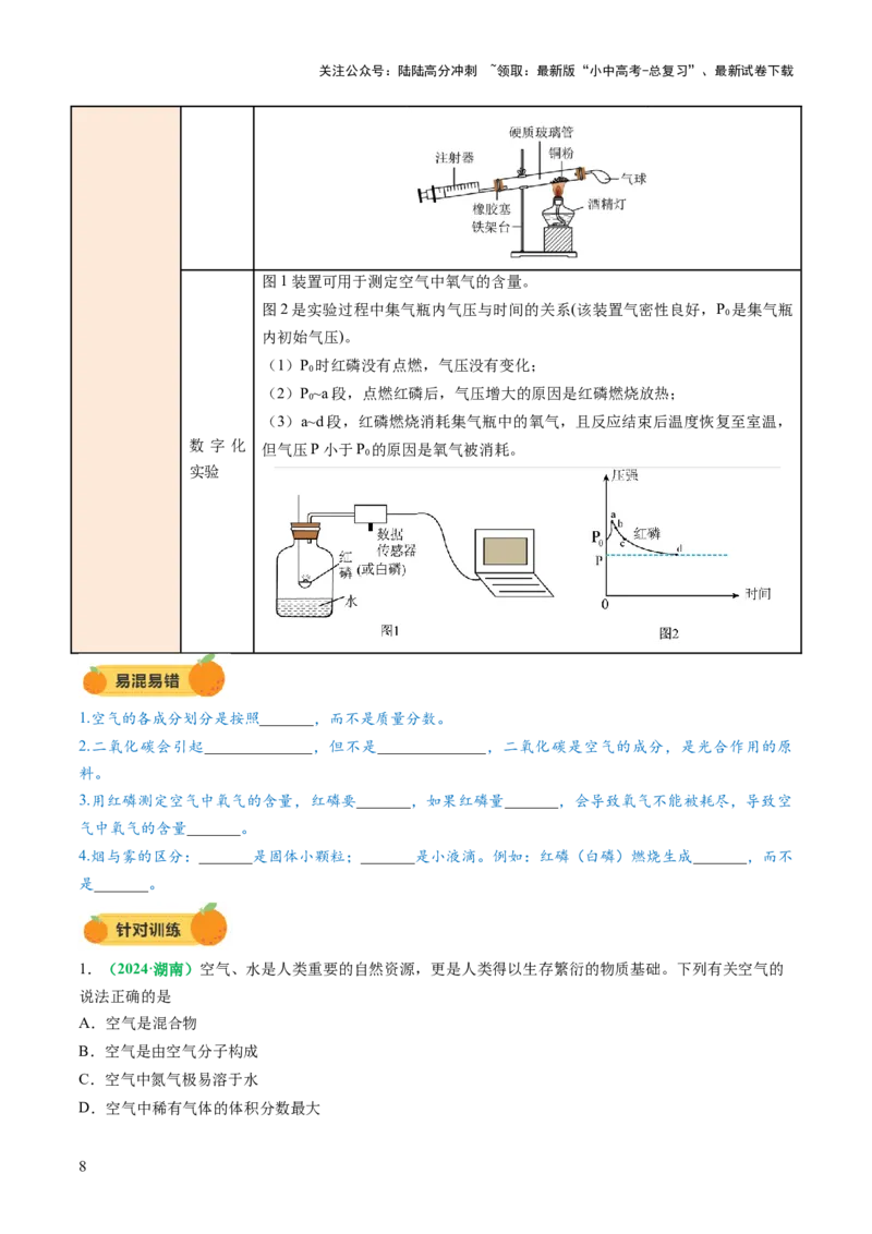 专题04空气氧气（讲义）（原卷版）_02中考总复习（2026版更新中）_05-化学-中考总复习_2025年中考复习资料_2025中考化学一轮复习讲义+课件_讲义_专题04空气氧气（讲义）