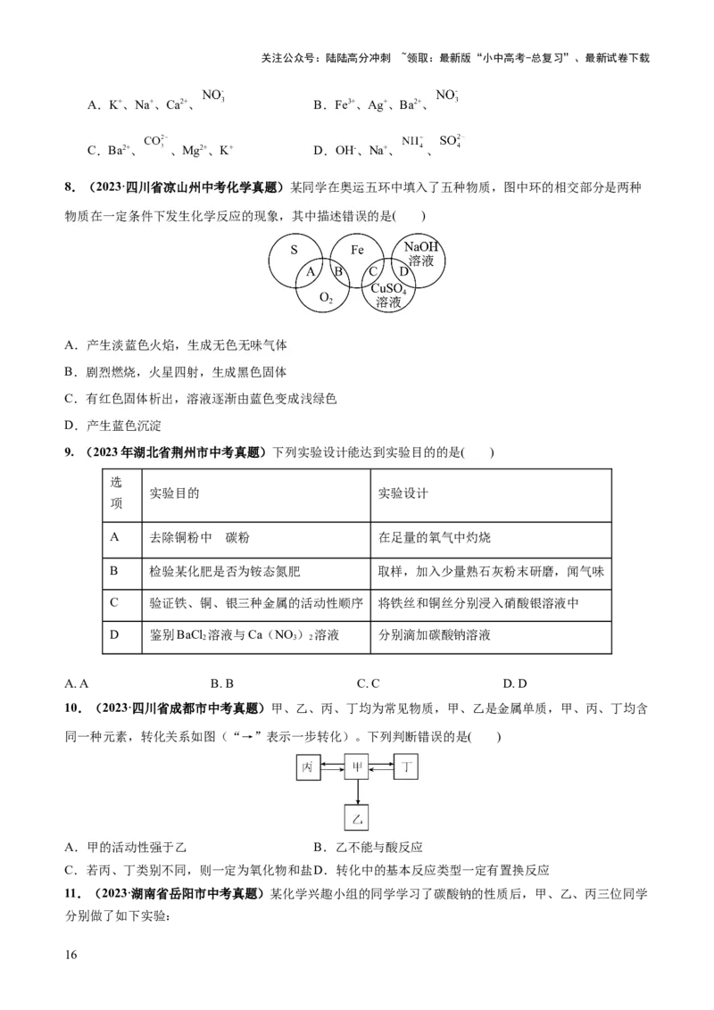 专题08盐化肥（练习）-2024年中考化学一轮复习讲练测（全国通用）（原卷版）_02中考总复习（2026版更新中）_05-化学-中考总复习_2024年中考复习资料_一轮复习资料