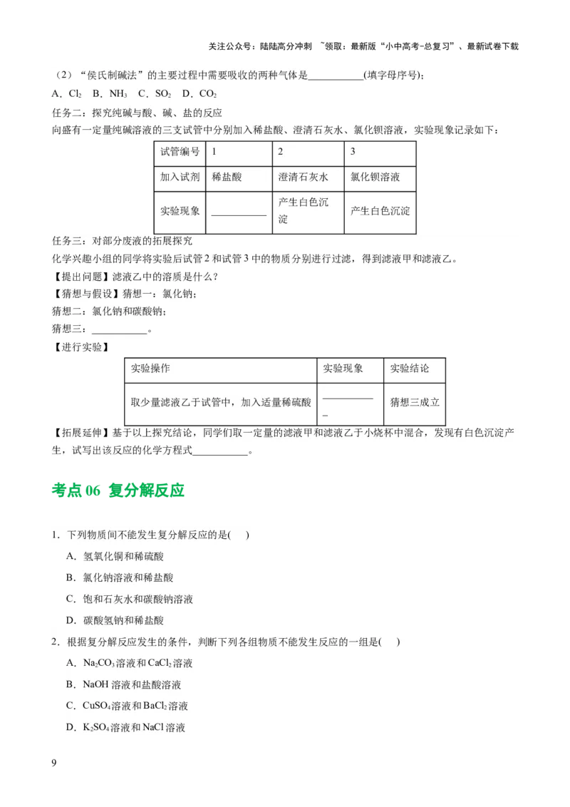 专题08盐化肥（练习）-2024年中考化学一轮复习讲练测（全国通用）（原卷版）_02中考总复习（2026版更新中）_05-化学-中考总复习_2024年中考复习资料_一轮复习资料
