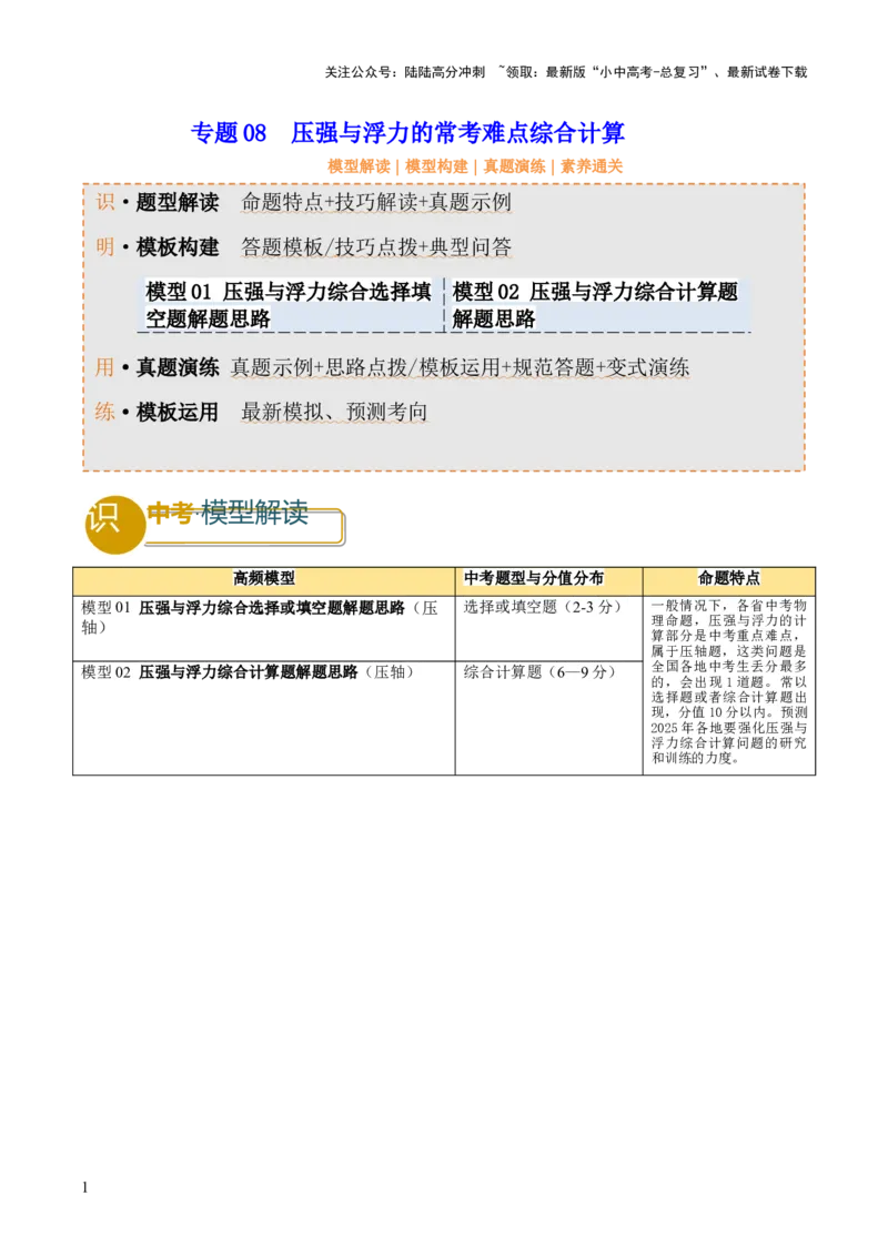 专题08压强与浮力的常考难点综合计算（原卷版）_02中考总复习（2026版更新中）_04-物理-中考总复习_2025年中考复习资料_2025年中考物理答题方法模板