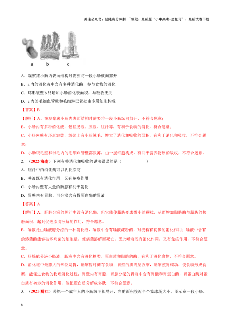 专题06&nbsp;人体的营养和呼吸（解析版）_02中考总复习（2026版更新中）_08-生物-中考总复习_2024年中考复习资料_专项复习_完三年（2021-2023）中考生物真题分项汇编（全国通用）_答案解析版