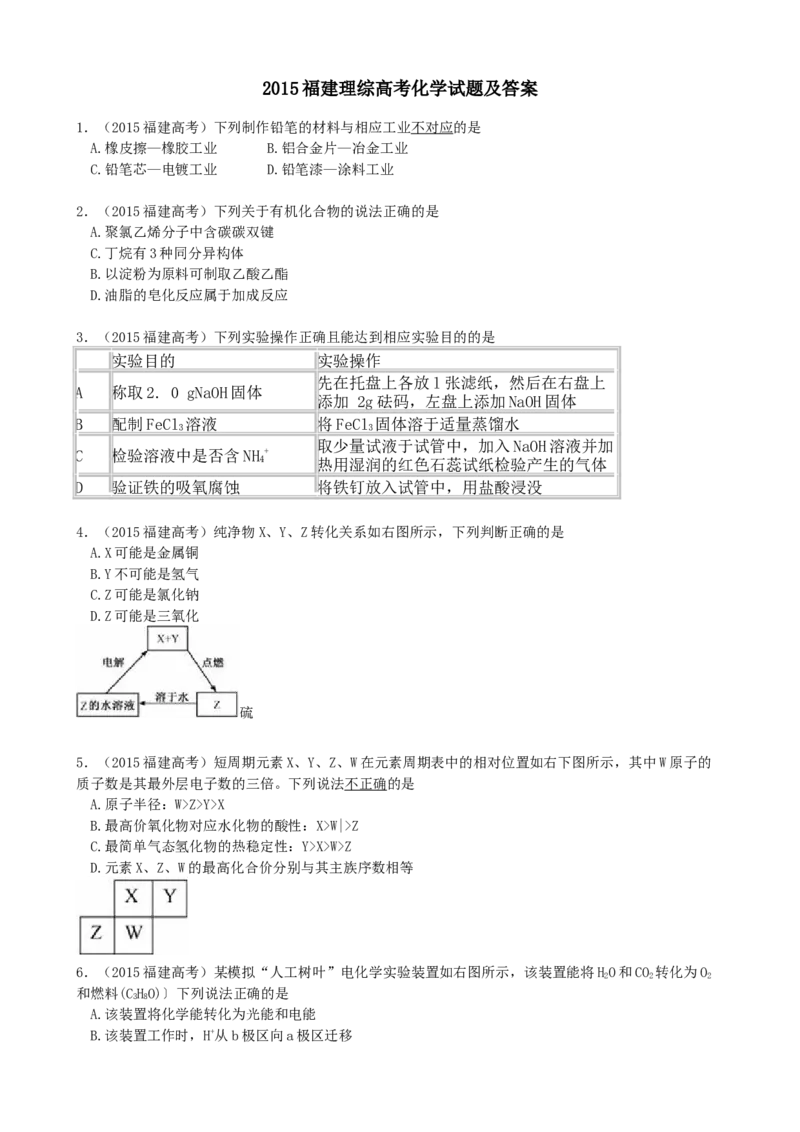 2015年福建高考化学试卷及答案word_全国卷+地方卷_5.化学_1.化学高考真题试卷_2008-2020年_地方卷_福建高考化学2008-2020