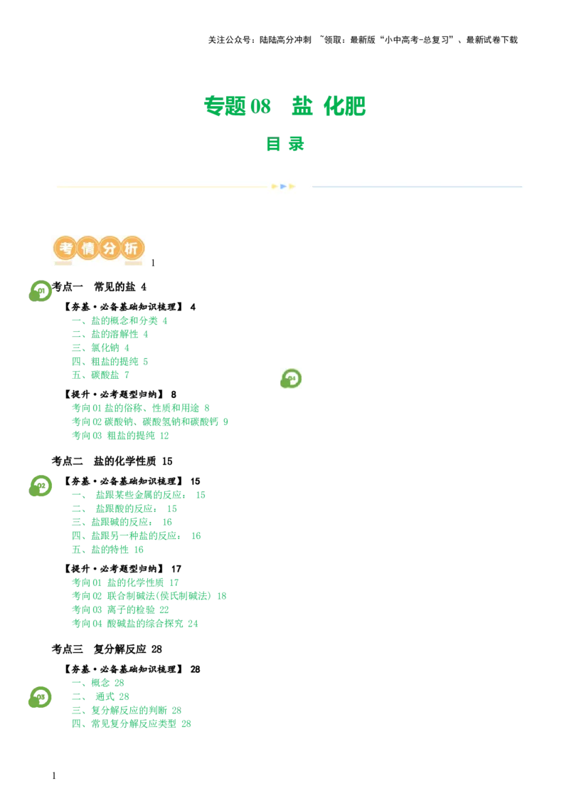 专题08盐化肥（讲义）-2024年中考化学一轮复习讲练测（全国通用）（解析版）_02中考总复习（2026版更新中）_05-化学-中考总复习_2024年中考复习资料_一轮复习资料