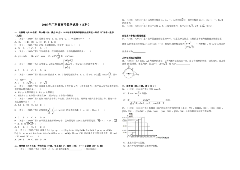 2015年广东高考（文科）数学（原卷版）_全国卷+地方卷_2.数学_1.数学高考真题试卷_2008-2020年_地方卷_广东高科数学（理+文）08-22_A3Word版