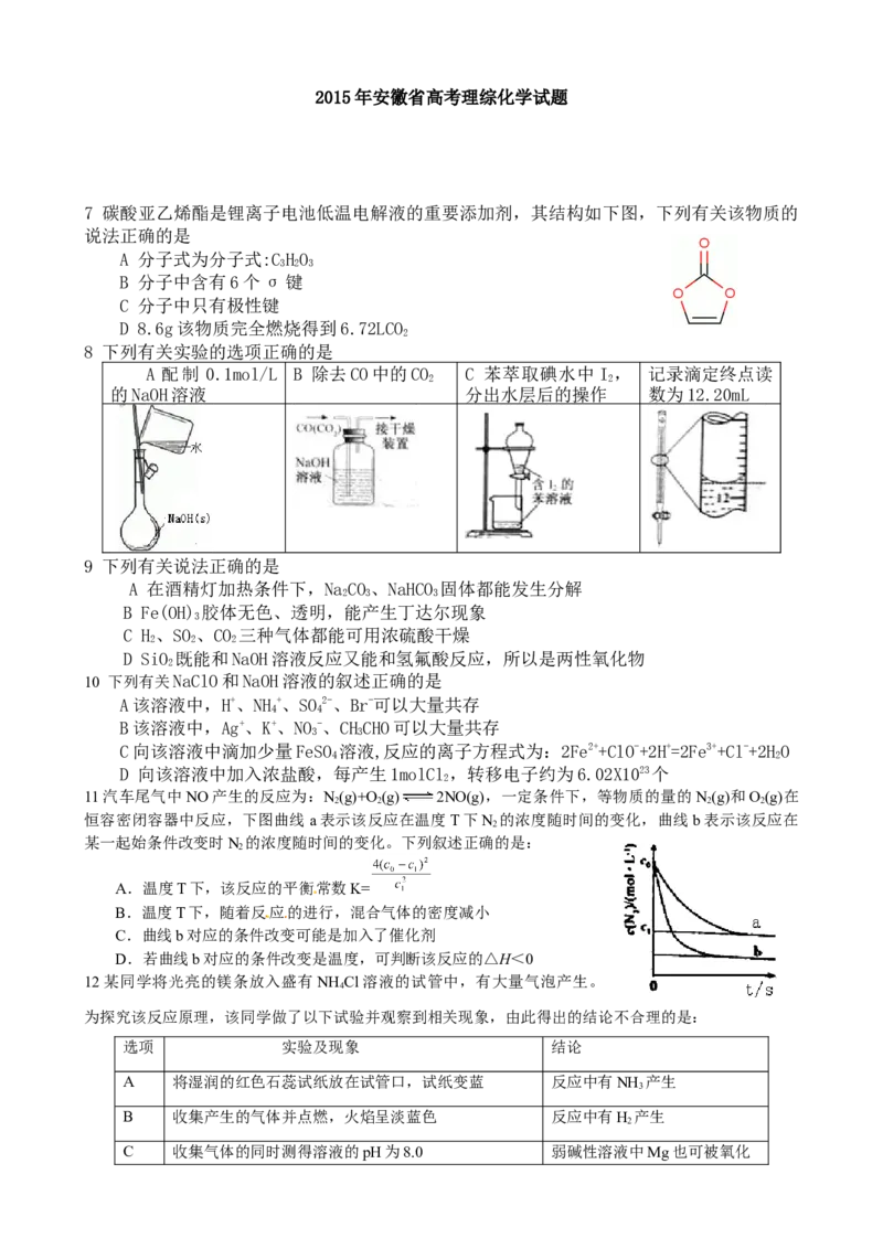 2015年安徽高考化学试卷及答案word_全国卷+地方卷_5.化学_1.化学高考真题试卷_2008-2020年_地方卷_安徽高考化学2008-2020