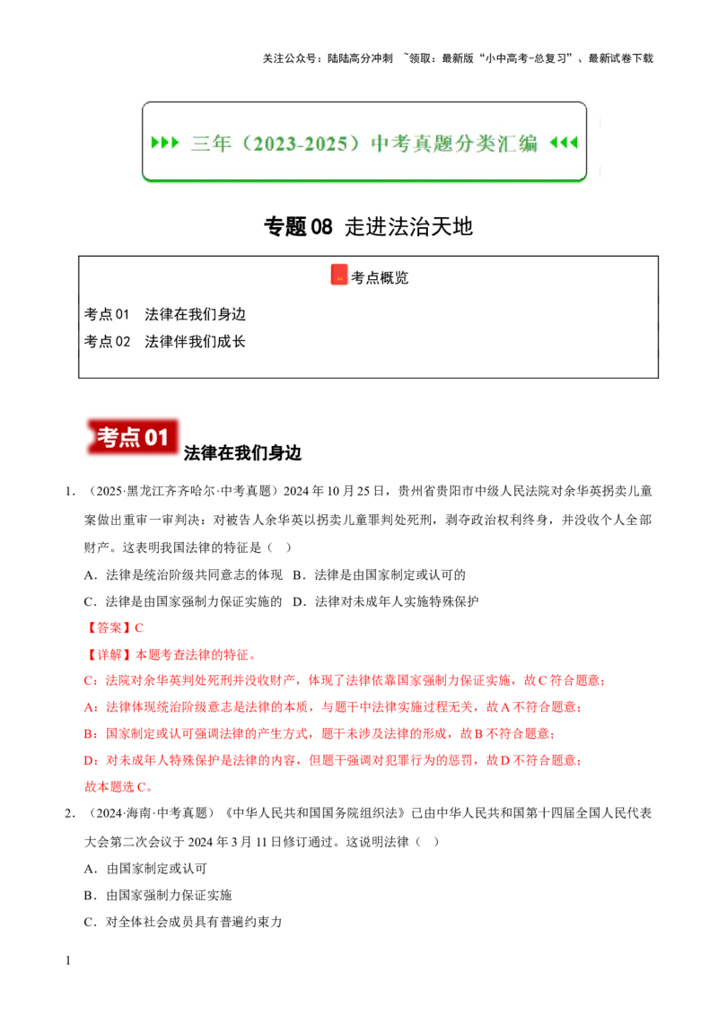 专题08走进法治天地（解析版）_02中考总复习（2026版更新中）_07-道法-中考总复习_2026年中考复习（更新中）_好题汇编三年（2023-2025）中考道德与法治真题分类汇编（全国通用）