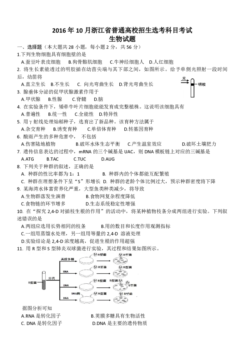 2016年浙江省高考生物10月（原卷版）_全国卷+地方卷_6.生物_1.生物高考真题试卷_2008-2020年_地方卷_浙江高考生物08-21_A4word版_PDF版（赠送）